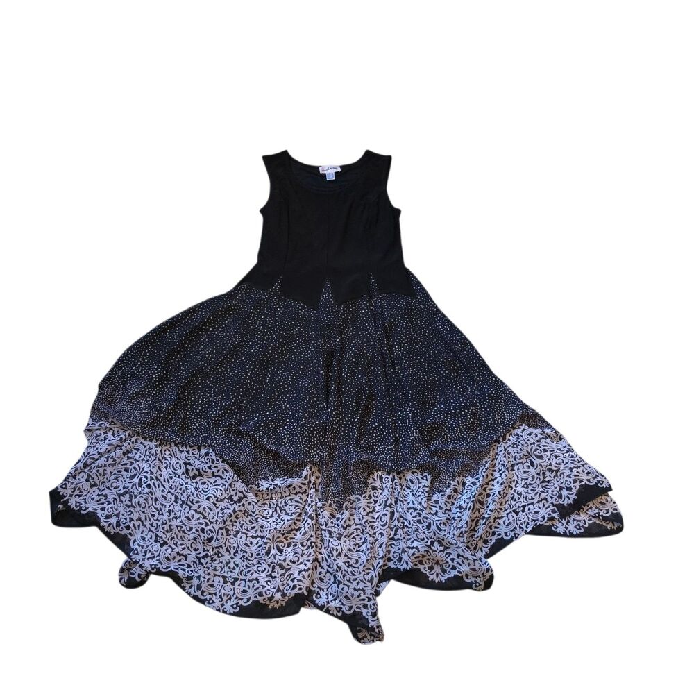 Joseph Ribkoff Black White Scroll Chiffon Midi Dress Size 10 Sleeveless EUC